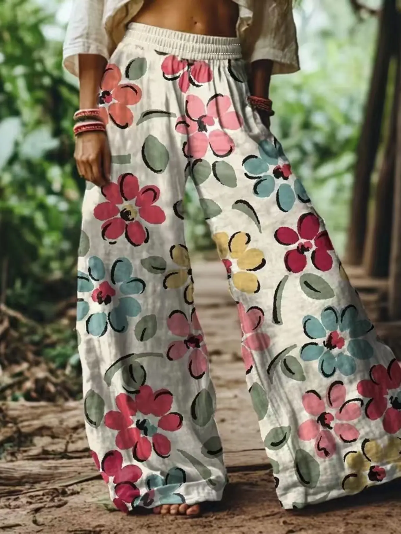 Women's Trendy Long Pants, Casual Pants, Bohemian Floral Printed Vintage Loose Wide Leg Pants, Boho Style Women's Long Pants, Fashionable Summer Streetwear, Suitable for Beach Vacation, Lounge Wear Bottoms, Everyday