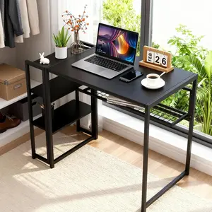 35 Inch Black Space-Saving Folding Computer Desk with Storage Shelf, Stable Pre-Assembled Writing Desk for Bedroom, Home Office, Dorms and Apartments
