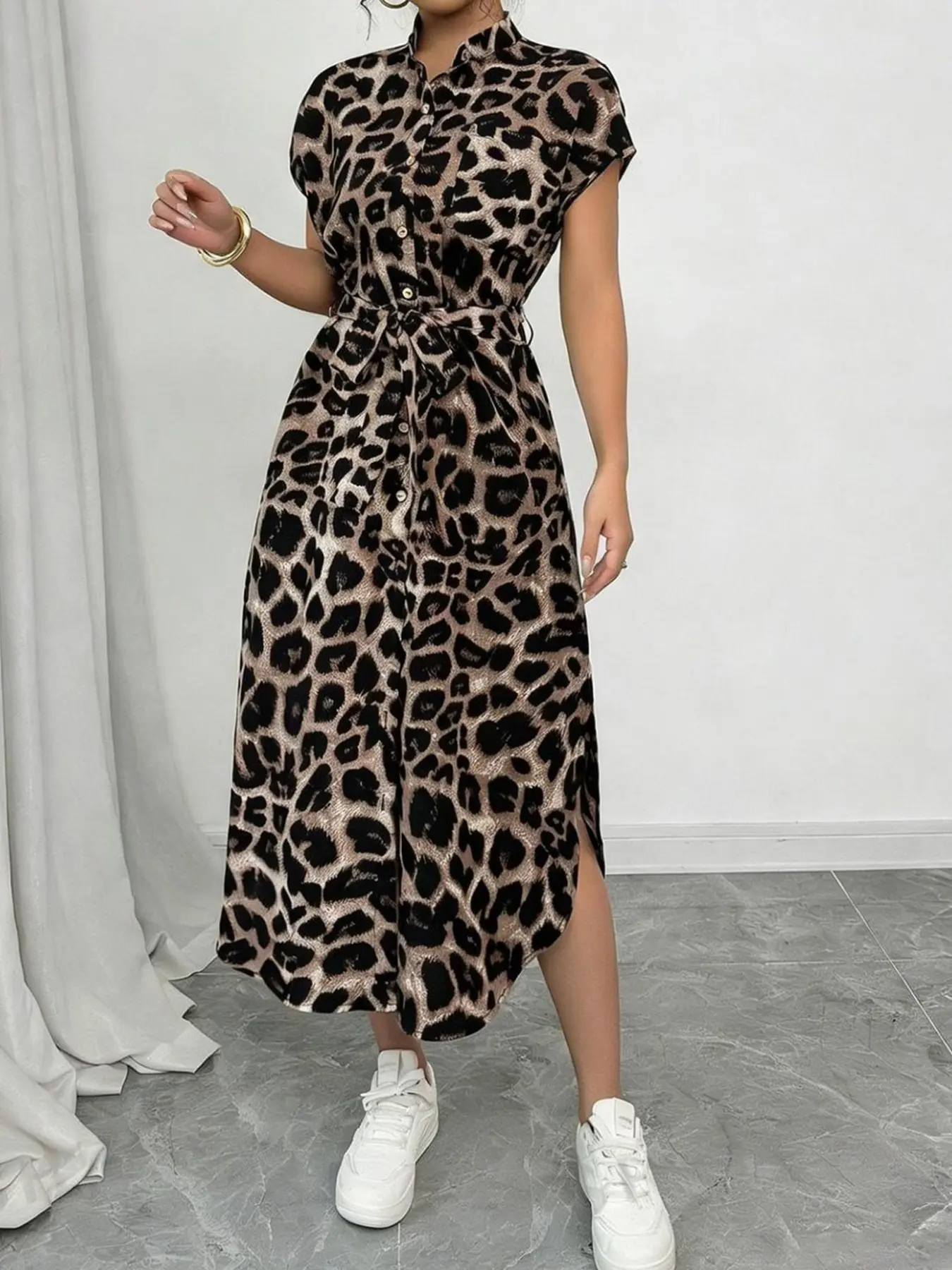 Women's Leopard Print Button Front Midi Shirt Dress, Short Sleeve Tie Waist Split Hem Loose Outfit Casual for Daily Work Commute Streetwear Vacation
