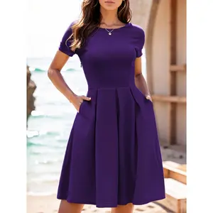 Targeted European And American Foreign Trade Cross-Border T Women'S Clothing Classic Solid Color Short-Sleeved Round Neck Retro Elegant Temperament Large Swing Pocket Knee-Length Dress
