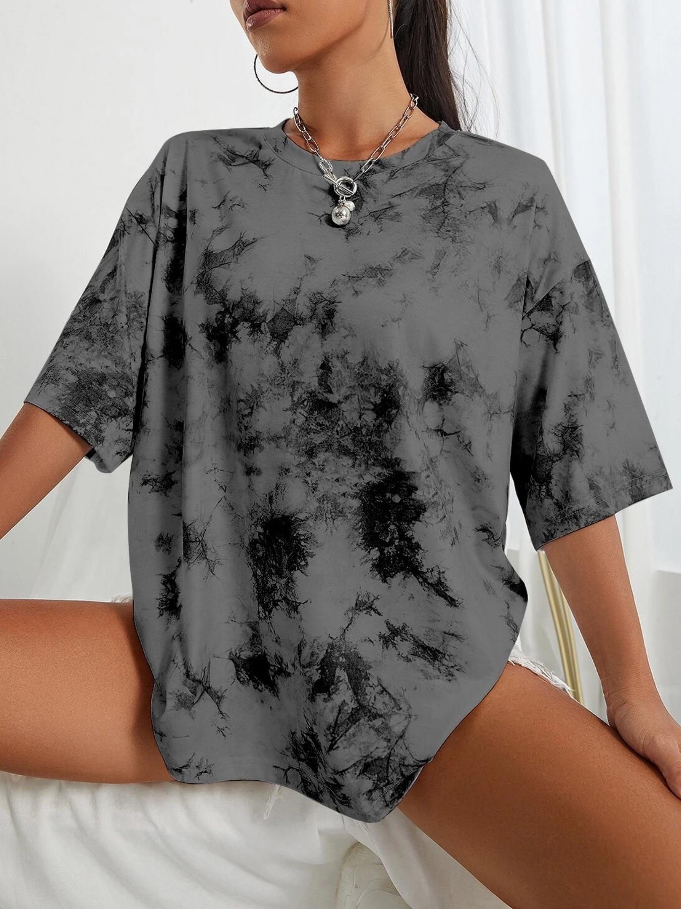 Women's Tie Dye Print Drop Shoulder Tee, Street Fashion Casual Short Sleeve Round Neck T-Shirt for Summer, Ladies Clothes for Daily Wear