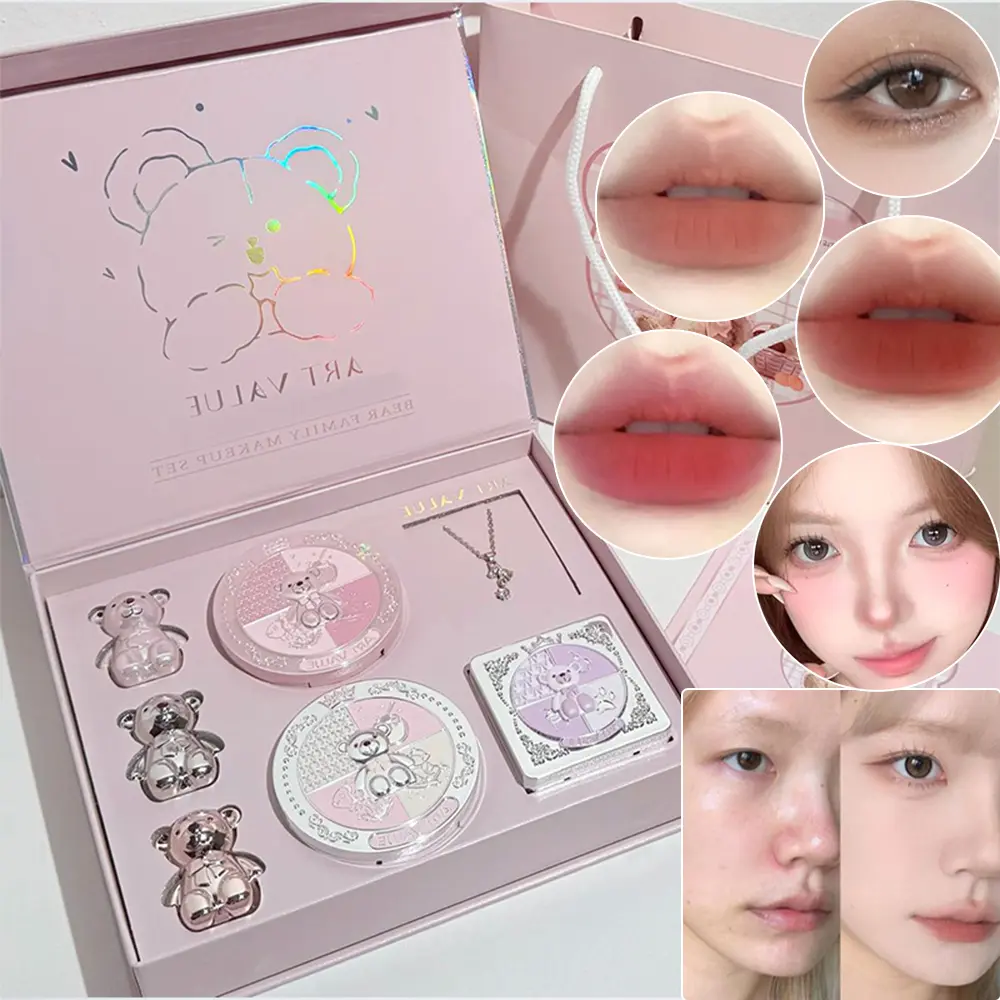 Bear Family Makeup Gift Set, Beauty Playset, Beauty Essentials Set, Complete Makeup Kit with Lip Mud, Blush Palette, Contour Eyeshadow Palette & Pressed Powder, Cute Bear Cosmetic Collection Gift Box for Women Birthday Christmas Gift, Makeup Sets