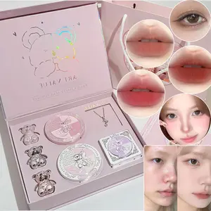 Bear Family Makeup Gift Set, Beauty Playset, Complete Makeup Kit with Lip Mud, Blush Palette, Contour Eyeshadow Palette & Pressed Powder, Cute Bear Cosmetic Collection Gift Box for Women Birthday Christmas Gift