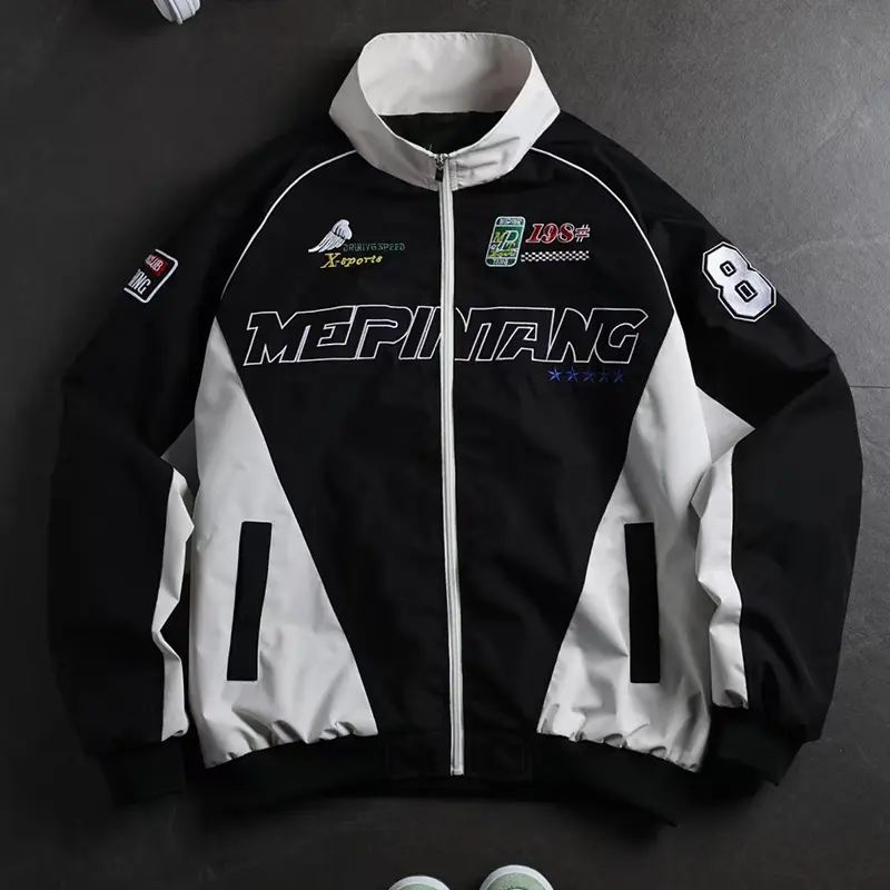 MEIPINTANG Men's Quiet Luxury Retro Motorsport Track Jacket - White Burgundy Geometric Color Block, Letter Racing Badge, Stand Collar, Full Zip Wind Lock, Soft Breathable Wrinkle-Free Casual Athletic Outerwear for Old Money Everyday Travel