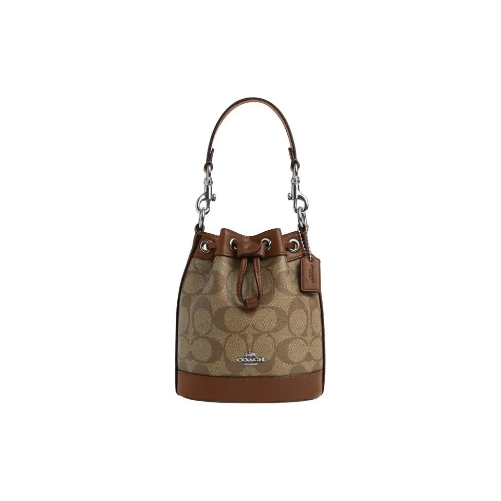 COACH Dempsey 14 Classic Vintage Monogram Drawstring PVC-and-Leather Bucket Bag for Women, Retro Style in Brown