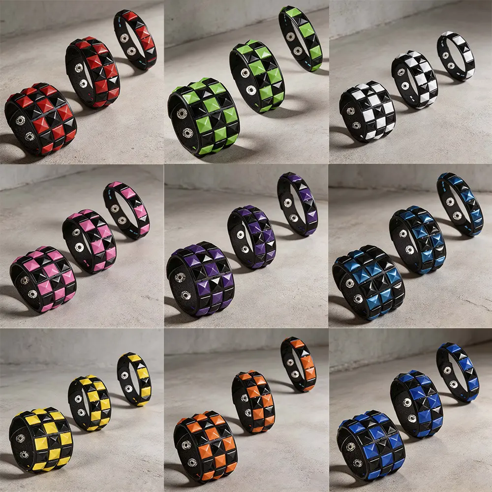 3pcs Pyramid Stud PU Wristband with Pyramid Grid Design, Zinc Alloy Rivets, Adjustable Clasp Y2K Punk Style Bracelet
