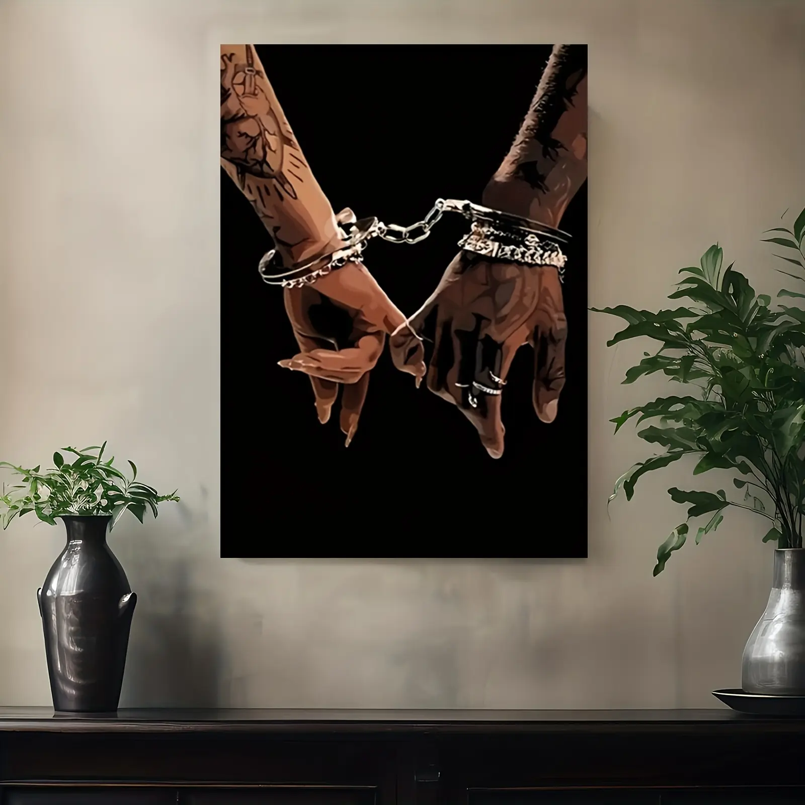 2D Flat, 2D Flat, Romantic African American Couple Canvas Art - Vintage  Poster with Handcuffs And Rings, Bold Contrast Wall Decor, Perfect Valentine'S Day Gift for Modern Home, Bathroom, And Minimalist Artwork