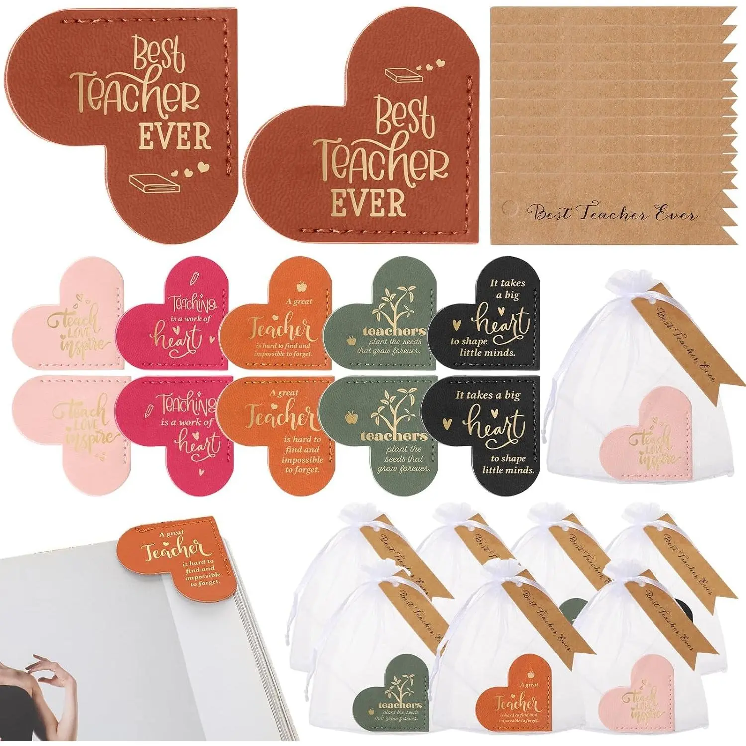 30 Sets Teacher Appreciation Gifts Bulk Leather Heart Bookmarks Teacher Appreciation Tag Thank You Teachers Gifts Graduation Gift End of Year Gift for Classroom Reading School Office Supplies