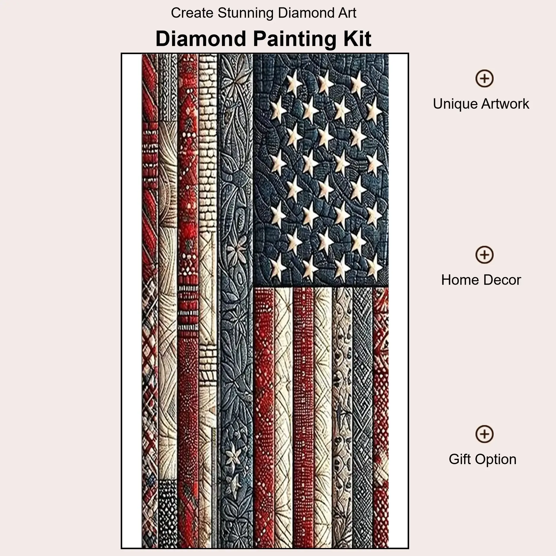 American Flag Diamond Painting Kit. Vintage Carved-style US Flag with Stars and Stripes, Unique Tribal and Floral Patterns on Each Section. Patriotic Wall Decor, Perfect Holiday Gift, Easy DIY Craft with Full Supplies