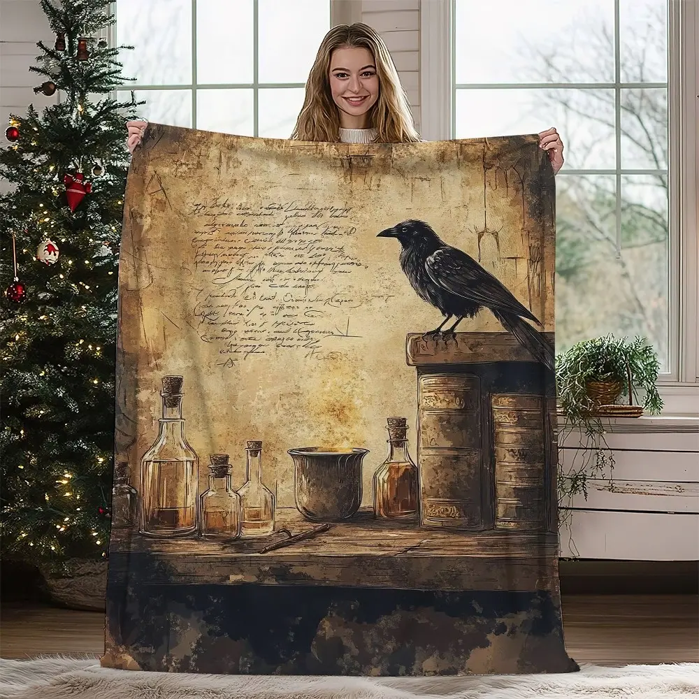 1PC  Vintage Raven and Books Art Blanket for Cozy Indoor Use and Elegant Home Decor   Flannel blanket, throw blanket, extra-large blanket, cartoon printed blanket