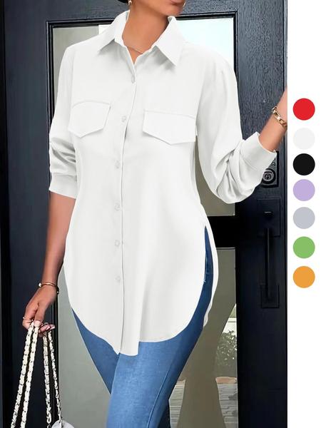 Women's Plain Button Front Split Hem Shirt Blouse, Casual Long Sleeve Collared Top for Spring & Fall, Summer Outfits 2024, Women's Clothing for Daily Wear