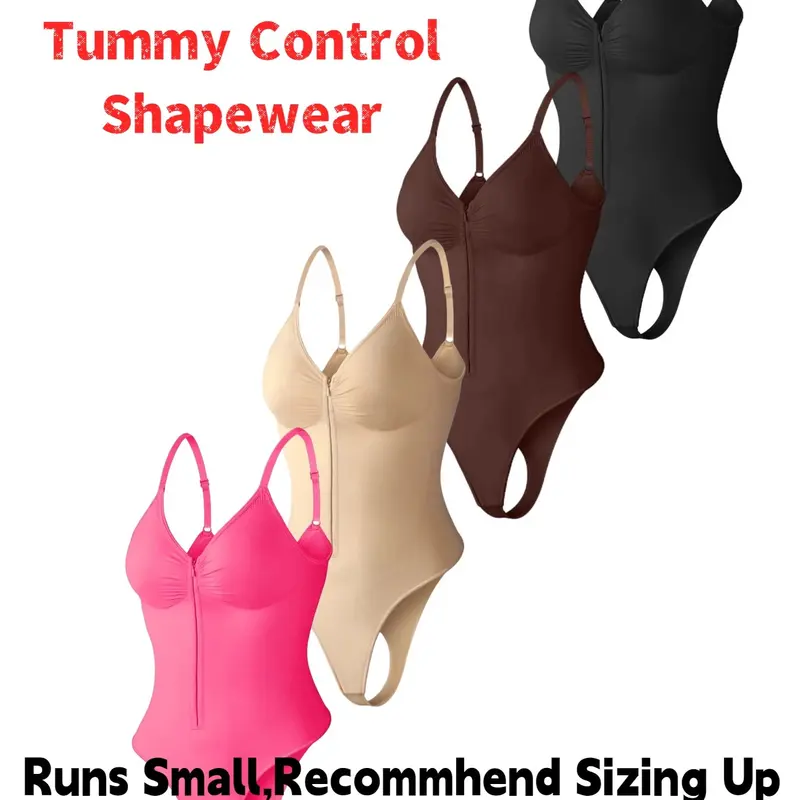 Women's Seamless Smooth Shapewear Bodysuit, Front Zipper Design, Tummy Control Thong Style, All Seasons Wearable, Comfortable Fit