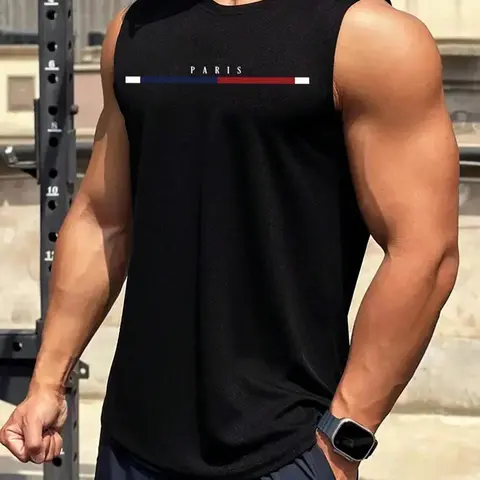 Men's Letter Print Tank Top, Graphic Sleeveless Shirt, Casual Regular Fit Sleeveless Round Neck Top for Summer, Tank Tops Workout, Fashion Men's Clothes for Daily Wear Workout Tanks