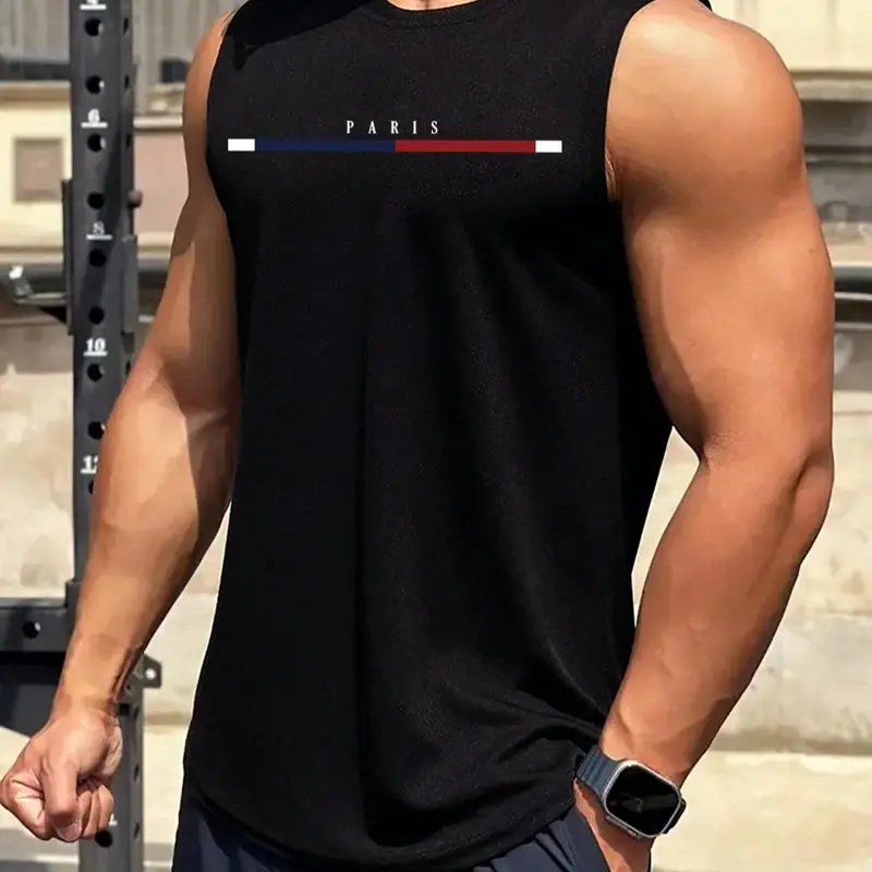 Men's Letter Print Tank Top, Graphic Sleeveless Shirt, Casual Regular Fit Sleeveless Round Neck Top for Summer, Tank Tops Workout, Fashion Men's Clothes for Daily Wear Workout Tanks