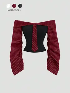 Women's Striped Patchwork Slim Fit Off-Shoulder Fashion Casual Classy Top Short Shirt Blouse, Perfect for Daily Commute, Stylish and Comfortable