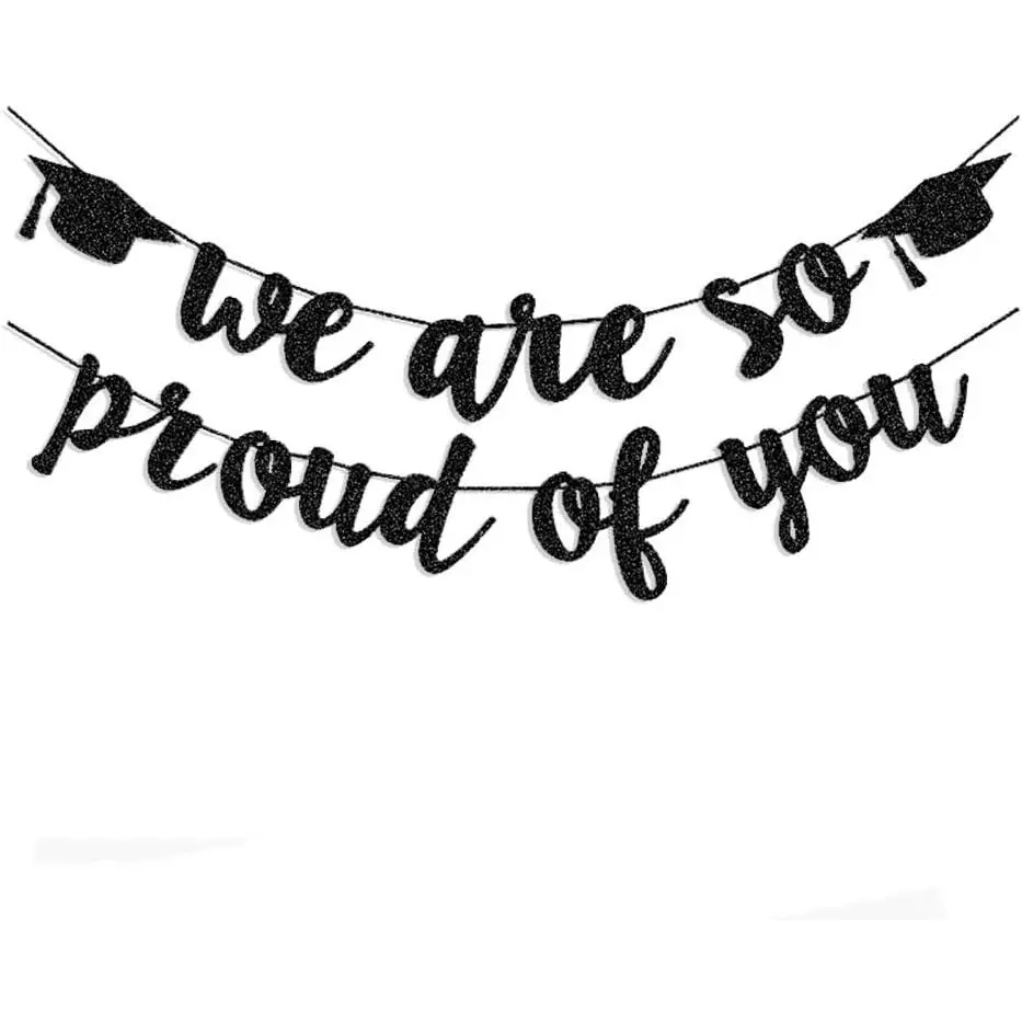 Graduation Banner 2026, Black Glitter "We Are So Proud of You" Garland, Pre-Assembled Hanging Decor for Congrats Grad Party Photo Backdrop