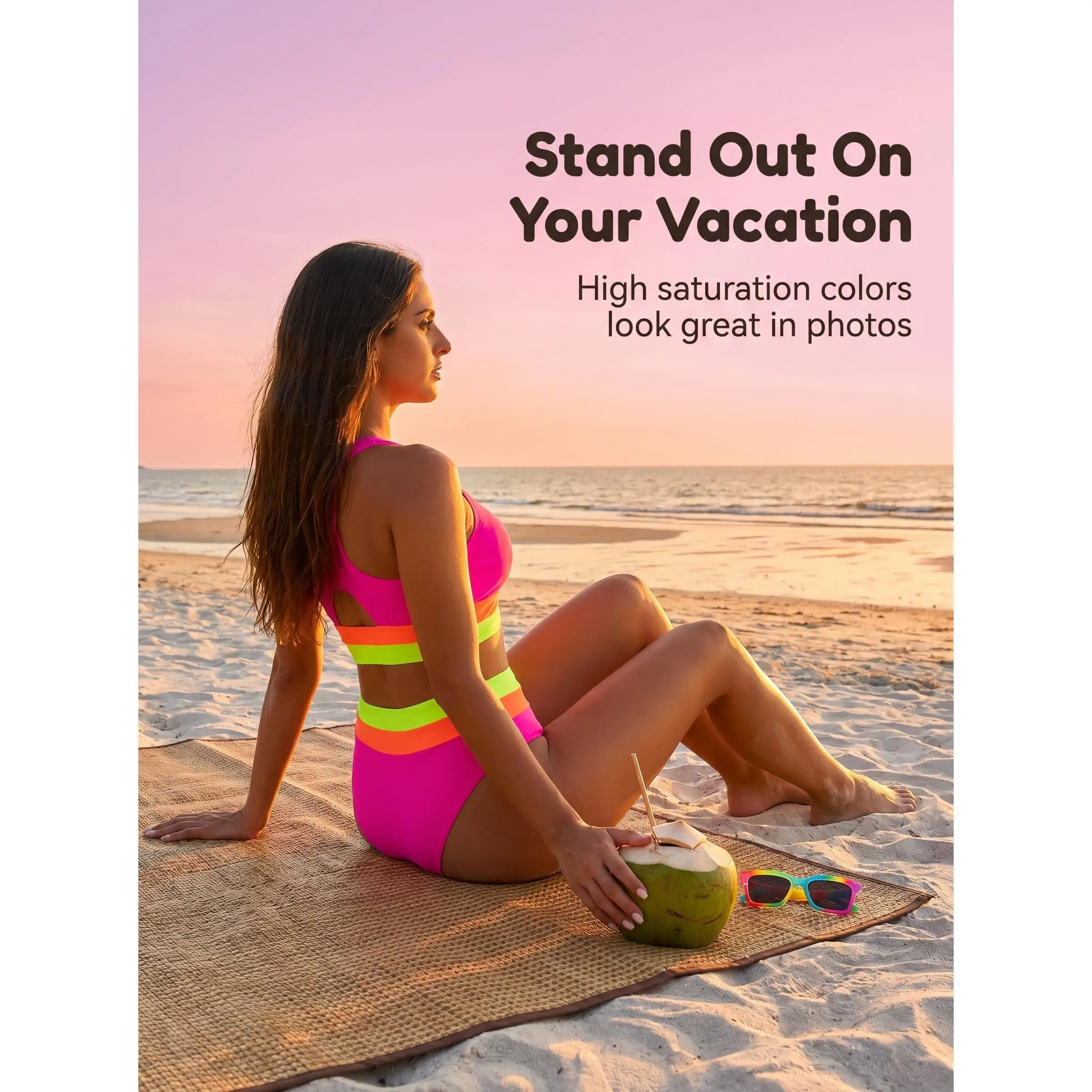 Women’s 2-Piece Neon Striped Tankini Swimsuit - Polyester Blend, Bright Hot Pink Racer Back Cutout Top, High Waist Tummy Control Quick Dry Stretch Swim Bottoms, Multi-Size for Tropical Beach, Pool Party, Swimsuits Tummy Control