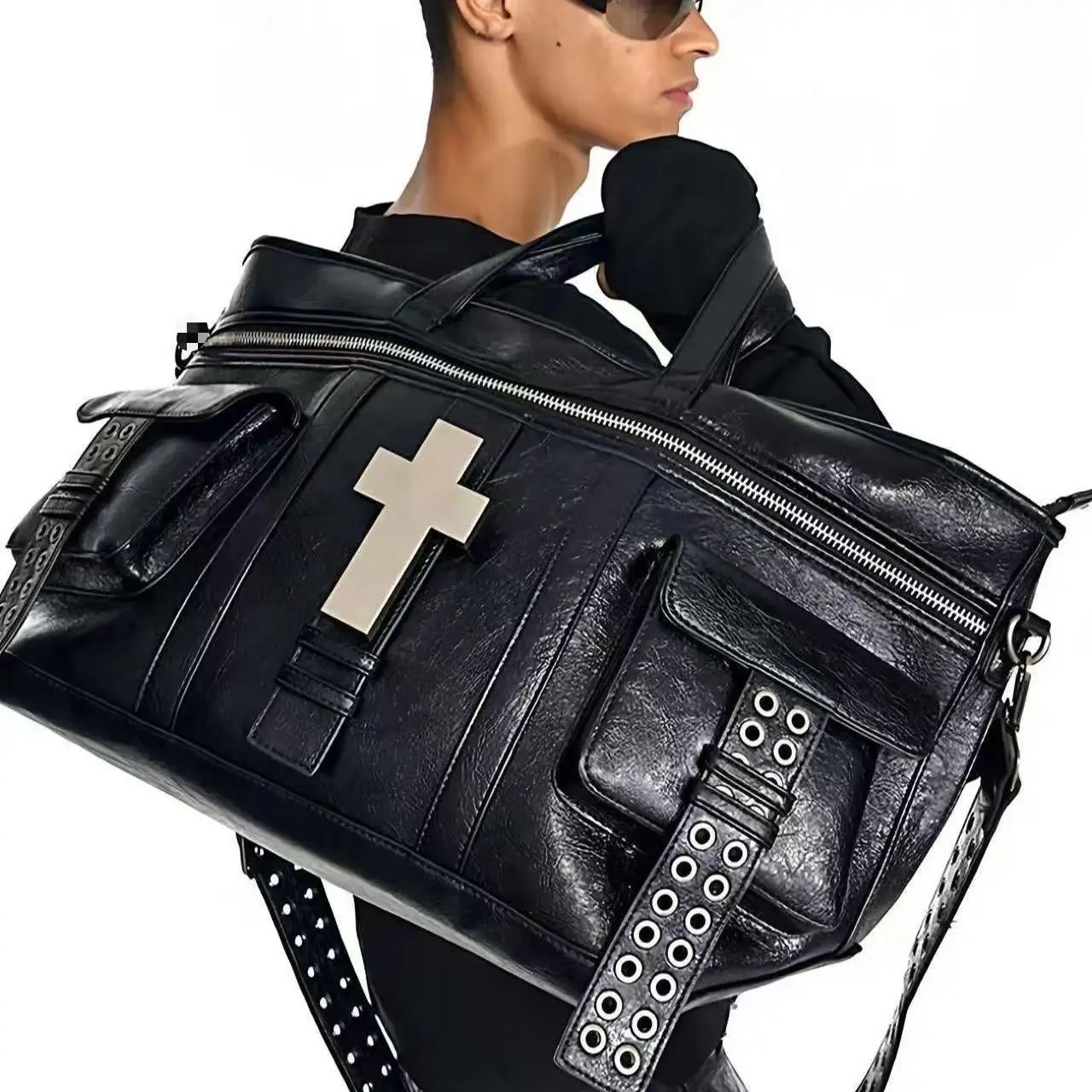 Unisex Crack-Effect Cross-Grain Gothic Punk Dual-Purpose Tote Bag, Convertible to Crossbody or Shoulder Bag for Home Organization & Street Use