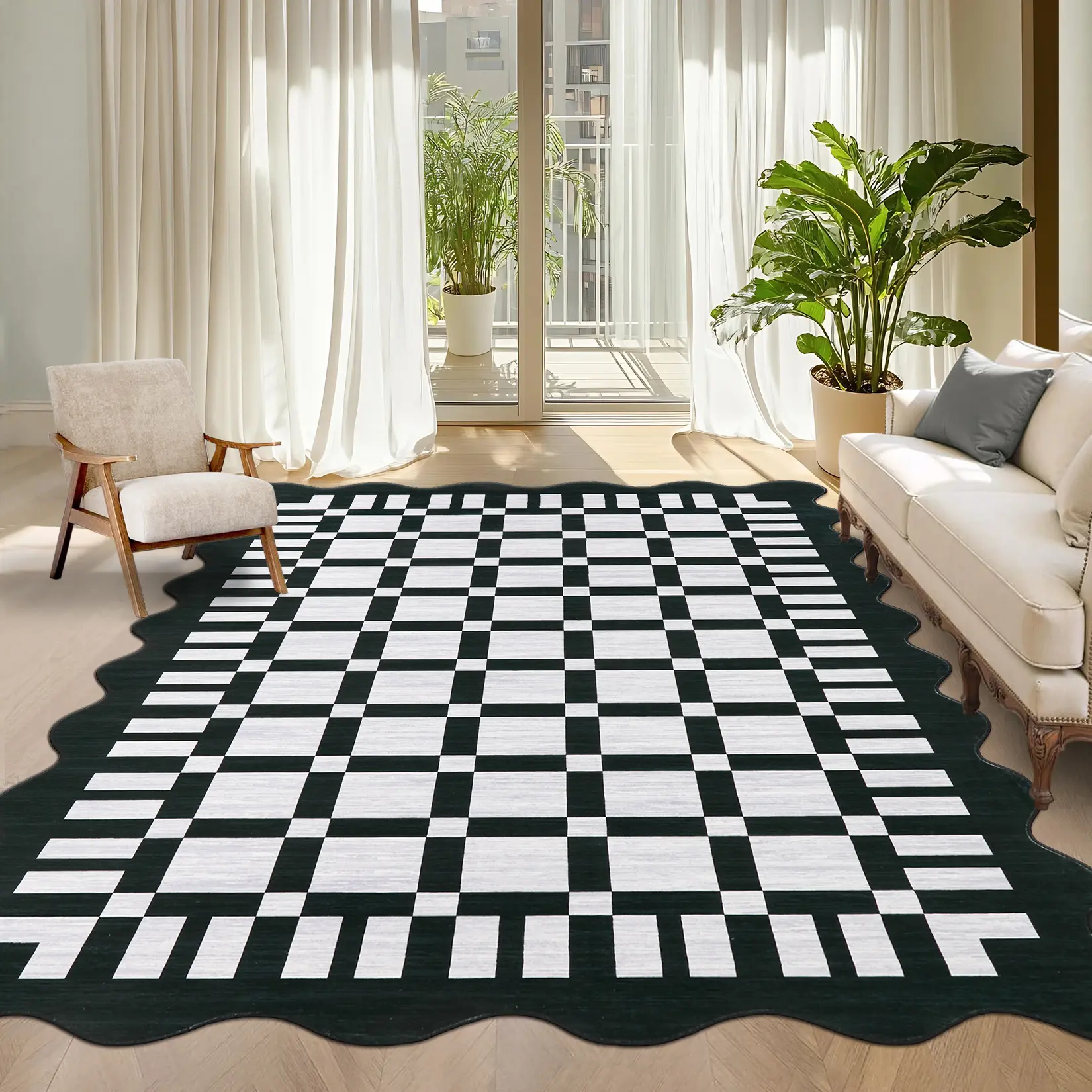 Modern Fan-Shaped Checkerboard Rug Machine Washable Stain Resistant Non Slip Thin Foldable Soft Non Shedding Decor Rug For Bedroom Kids Playroom Dining Room