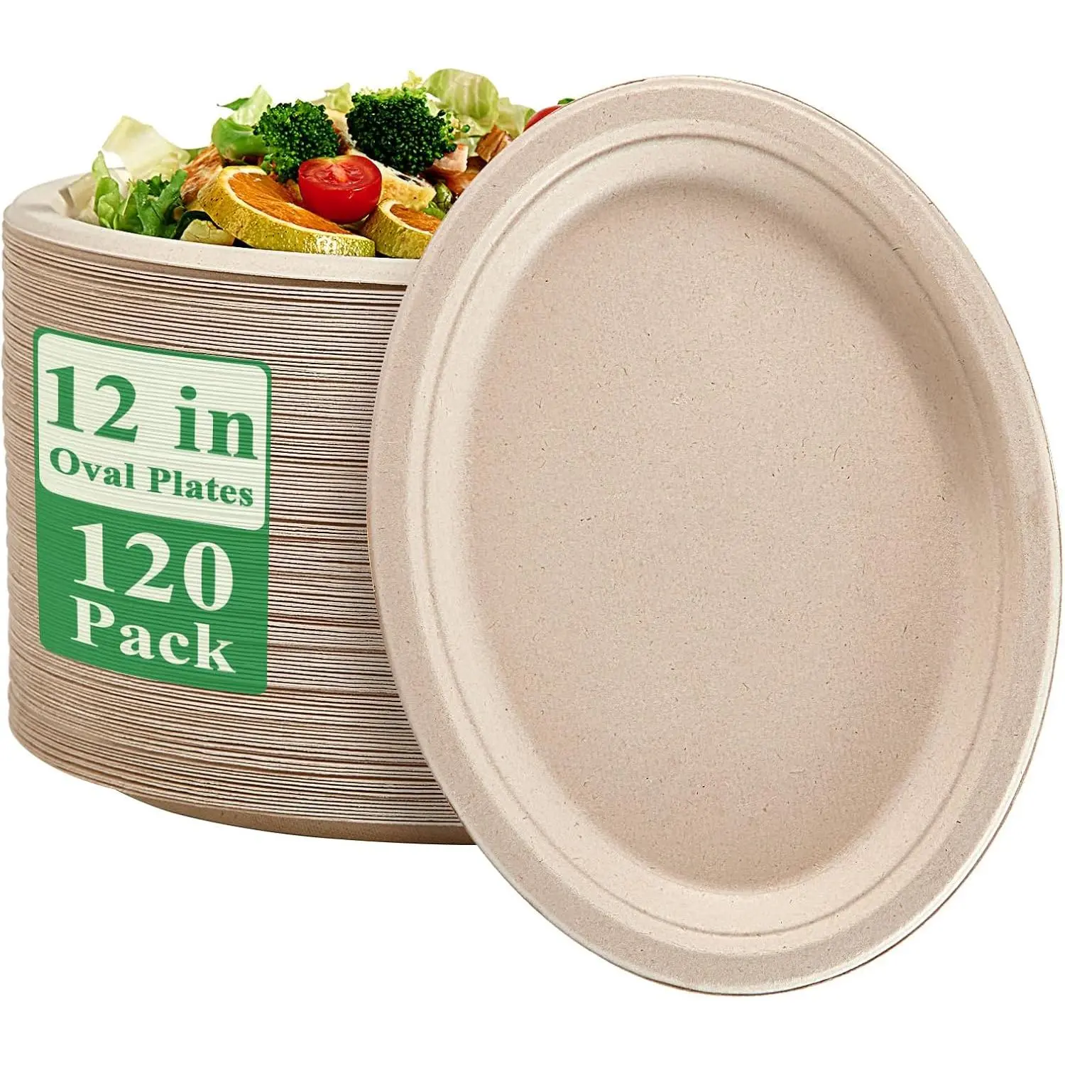 Compostable Oval Paper Plates 12 inch 120 Pack Super  Disposable Dinner Plates    Sugarcane Plates for BBQ, Party, Gathering, and Picnic