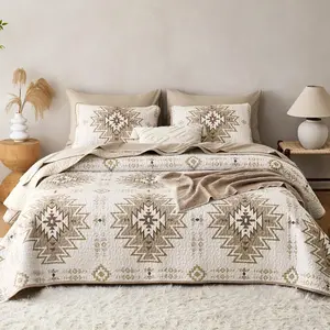Wake In Cloud - Set, Southwestern Farmhouse Style with Aztec Pattern, Reversible Lightweight Bedspread Coverlet, 3 Pieces, Beige Brown, Queen/Full Size