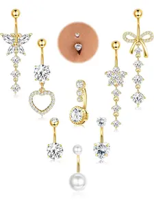 8 Pcs Belly Button Ring Dangle Hypoallergenic Surgical Stainless Steel Belly Rings for Women CZ Pearl Heart Butterfly Bow Flower Navel Piercing Jewelry Dangly Curved Navel Ring