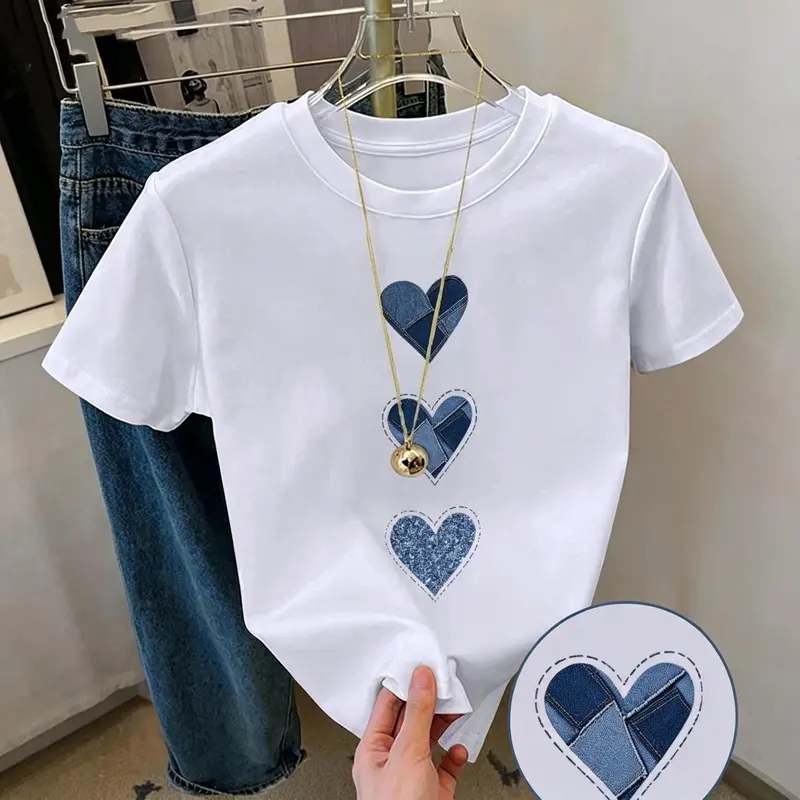 Women's Graphic T-Shirt with Denim Heart Print, Cute Casual Short Sleeve Streetwear Top for Women's Summer Fashion, Tshirt, Apparel T Shirt