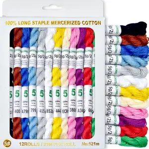 Mercerized Pearl Cotton Size 5 Crochet Needlepoint Thread, 12 Skeins, 12 Mixed Colors, 21 M/Skein