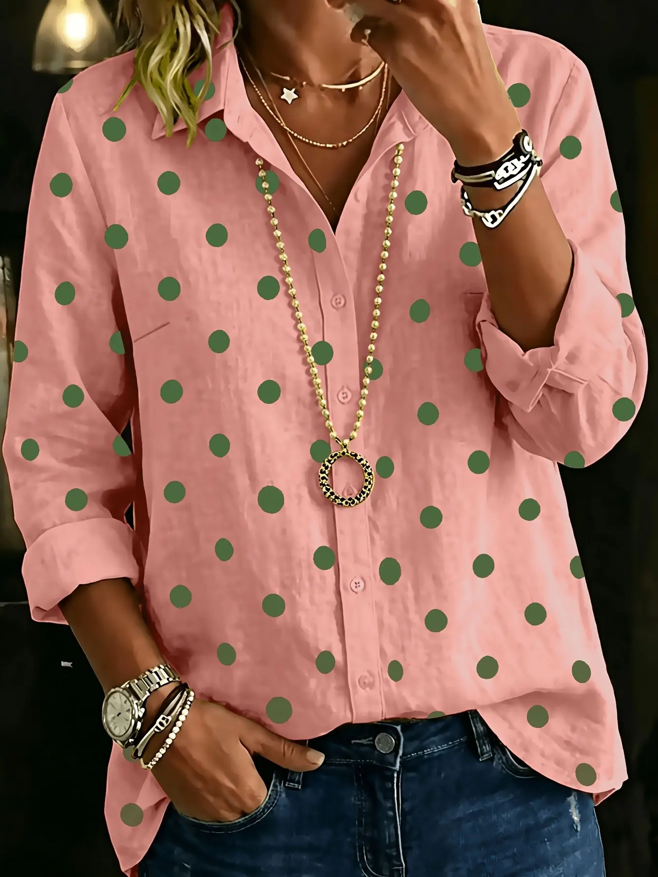 Unique Style Long Sleeve Polka Dot Shirt, Commuter Daily Slimming Long Sleeve Top, Fashionable and Comfortable Clothing for Everyday Wear