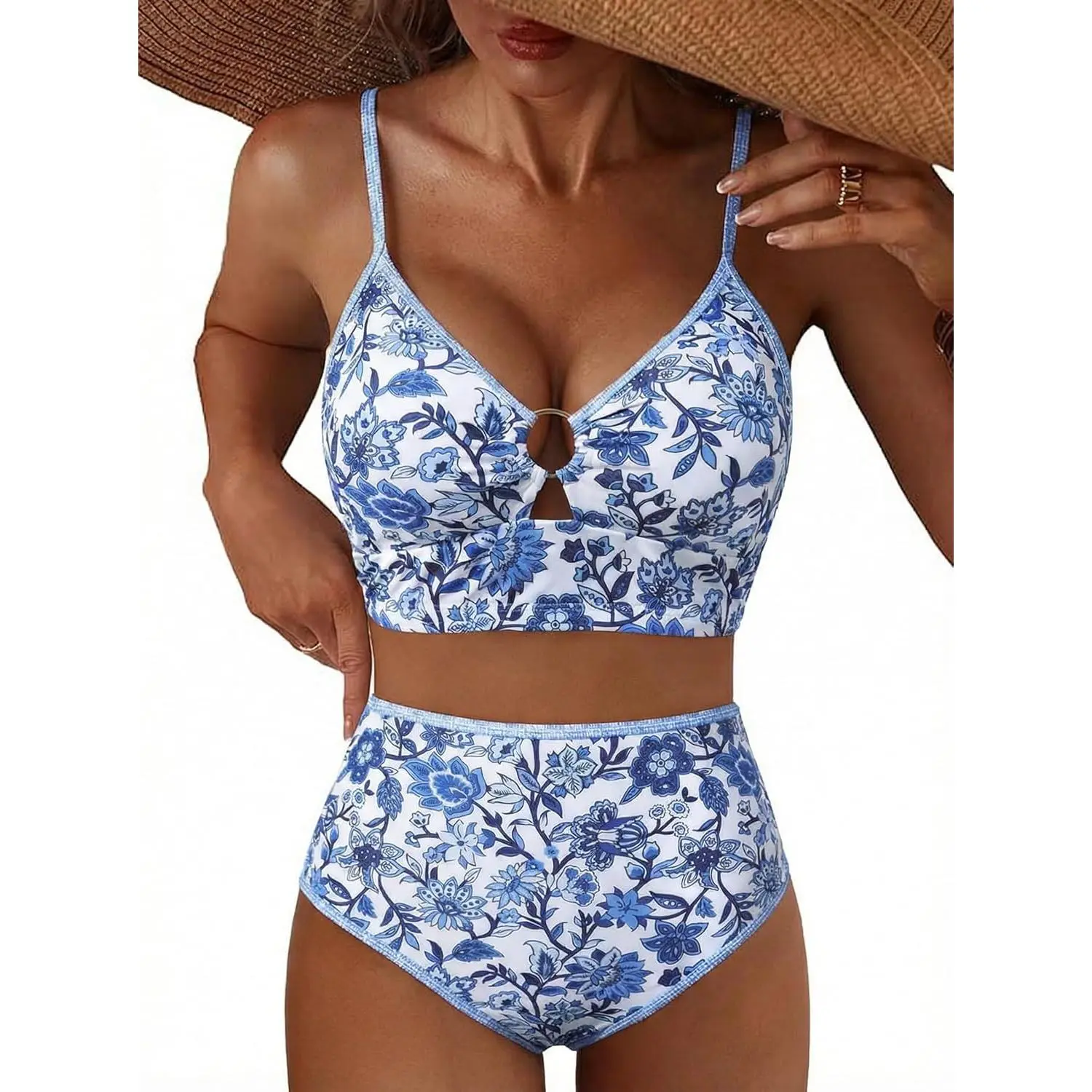 Women's 2-Piece O-Ring Top Bikini Set, Floral Print High Waisted Cheeky Cut Beach Wear Swimsuits, Pool Accessories, L/M Sizes, Two-Pieces
