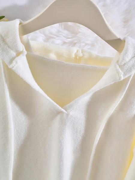 Women's V-Neck Drawstring Hoodie, Loose Fit Soft Knit Pullover, Casual Unique Design Long Sleeve Sweatshirt for Early Autumn