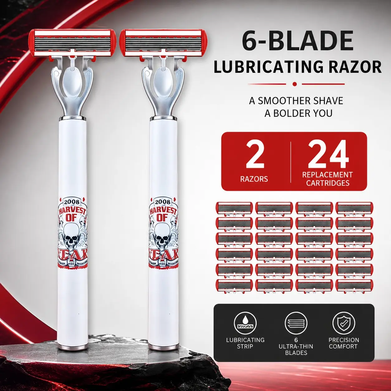 Cool Skull Print Six-Layer Manual Razor Set, Includes 2 Razors + 24 Replacement Heads, Smooth Shave, Anti-Irritation, Ergonomic Handle
