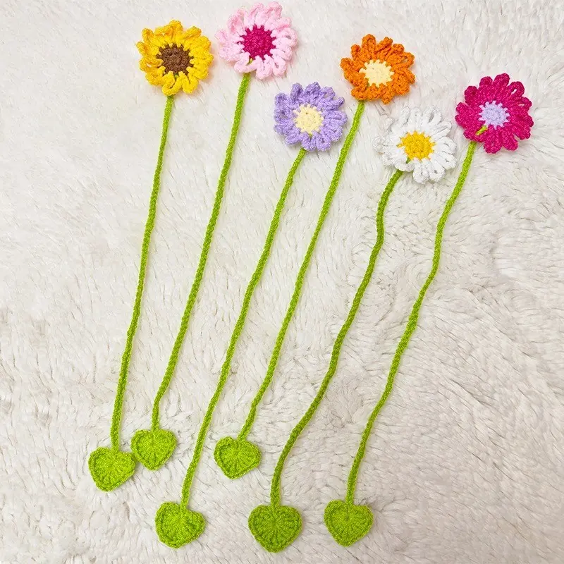 Handmade Crochet Flower Bookmark, Colorful Knitted Daisy Sunflower Book Mark with Heart Pendant, Cute Handwoven Page Marker for Book Lovers Readers Gift