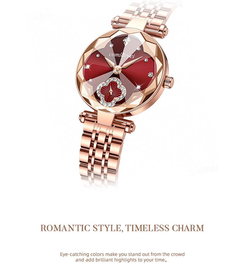 Women's Luxury Rose Gold Quartz Watch - Red Clover Dial with Crystal Accents, Diamond Flower Detail, Stainless Steel Band, Elegant Dress Wristwatch, Perfect Gift for Her