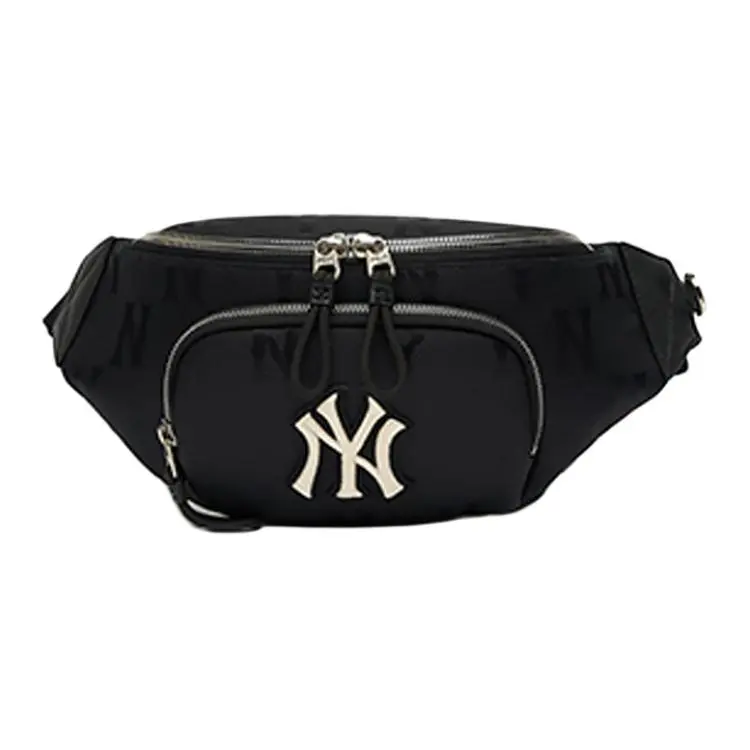 MLB New York Yankees Retro Floral Metal Logo Zip Nylon Crossbody Bag for Men and Women, Black