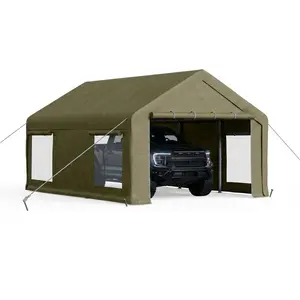 12x20 FT Heavy Duty Portable Carport Shelter, 200G PE Waterproof Canopy with 2 Roll-Up Doors & 4 Side Windows, Multi-Color Khaki/Gray/White Outdoor Garage for SUVs, Pickups, Boats and Party Events