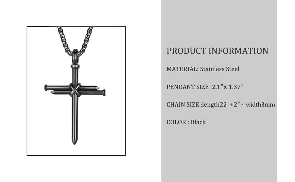 Men's Stylish Nail Cross Necklace Stainless Steel 24in Chain 3 Nails Jesus Pendant Christian Gift for Dad/Boyfriend/Husband Baptism Birthday Anniversary Gift Black/Silver/Gold