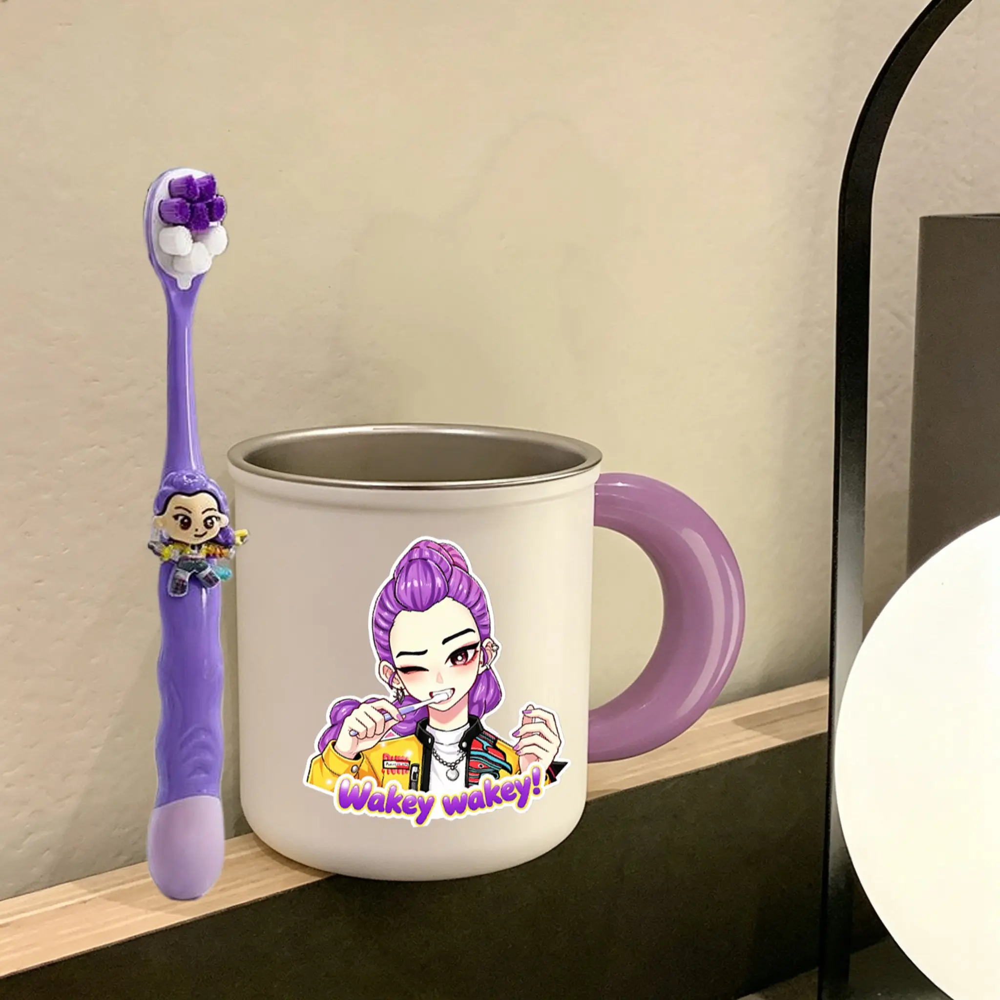 Cartoon Toothbrush Cup Set, 316 Stainless Steel, Anti-Mold Antibacterial, Cute Handle Design, Durable Home Use, Bathroom Gift Idea