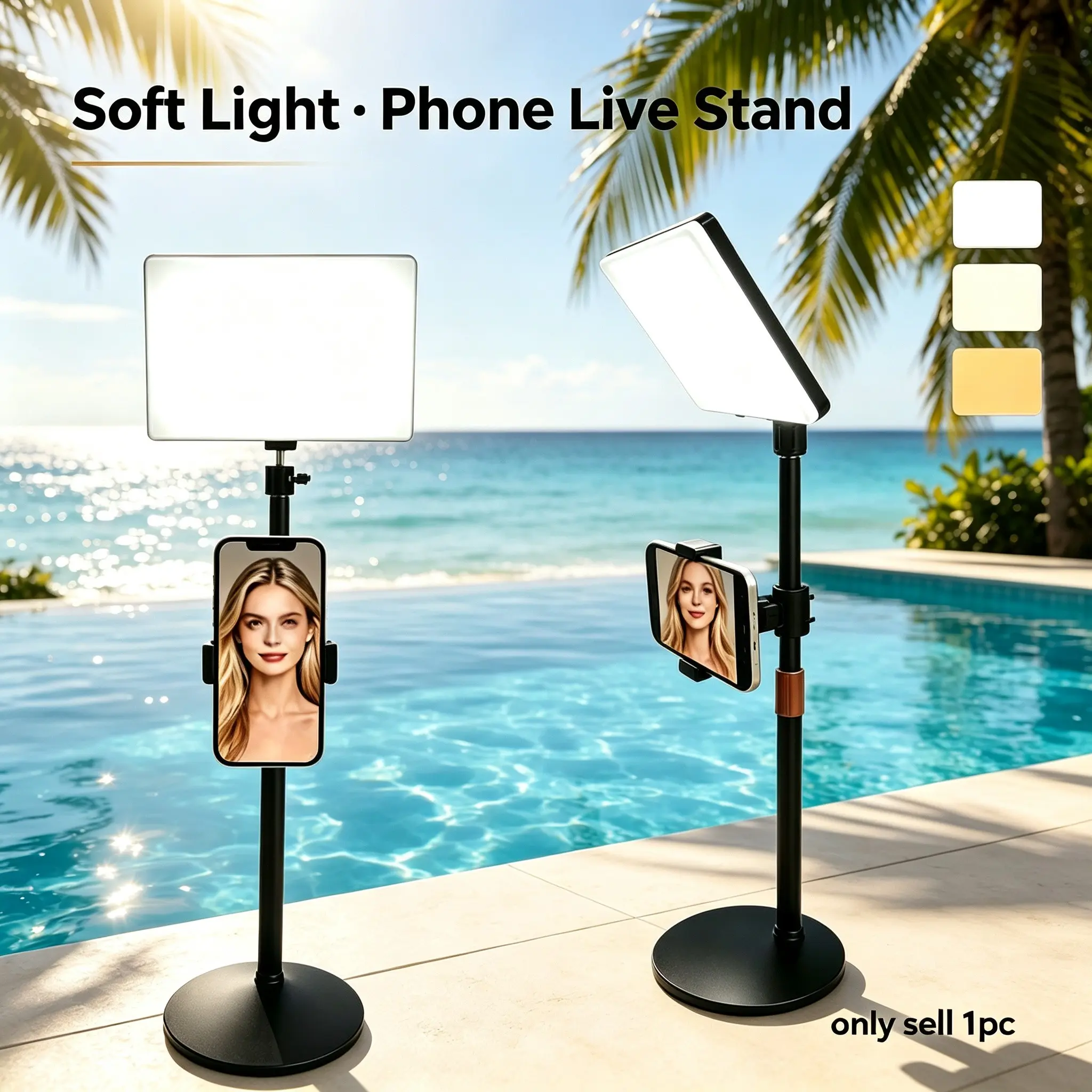 Square LED Desk Light, Metal Weighted Base, Adjustable Pole, 3 Color Temperature, Video Conference, Phone Live Streaming Lamp