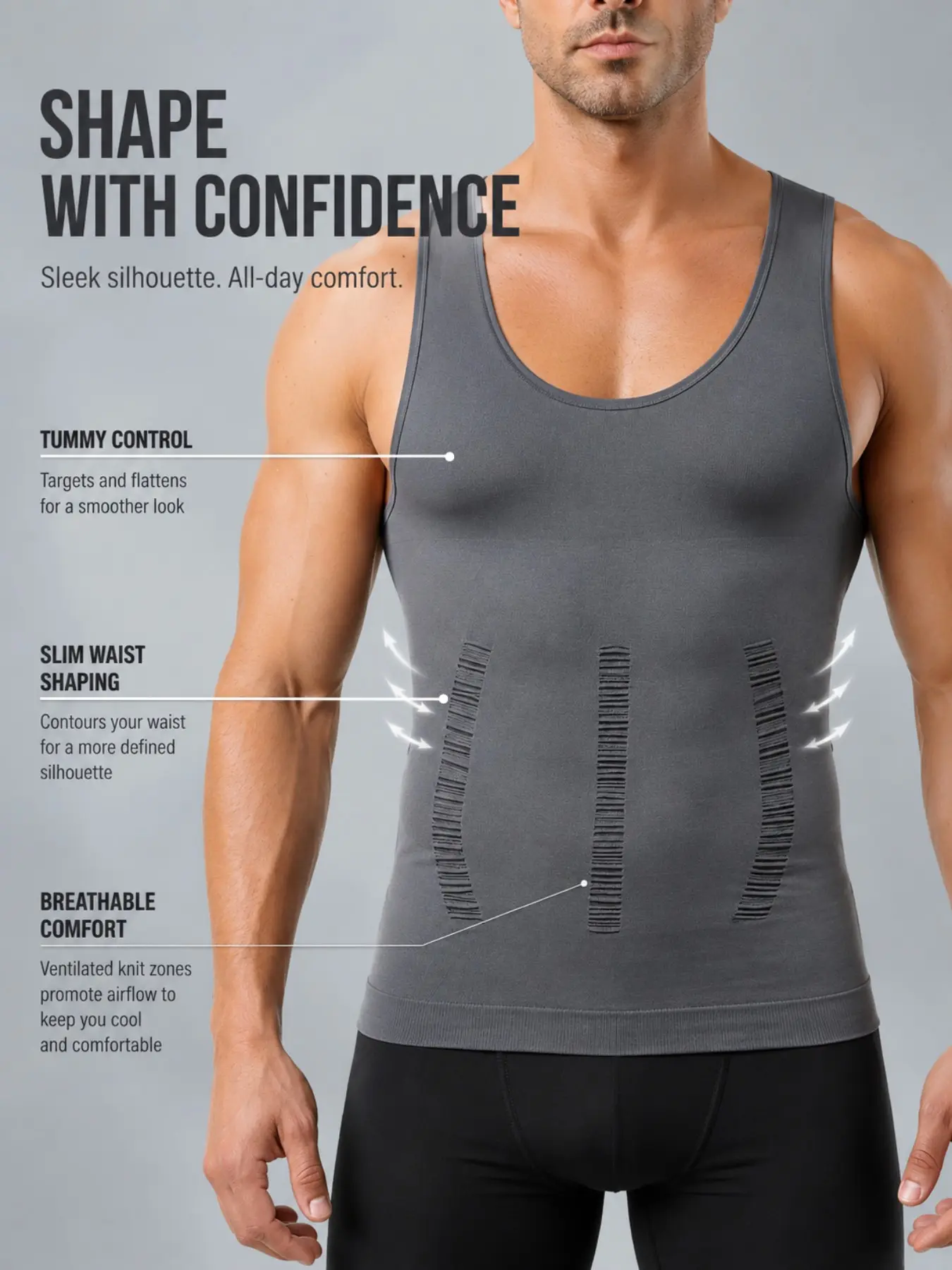 1 Count Men Shaping Vest Gynecomastia Compression Shirts, Tummy Control Shapewear Tops, Waist Reducing Shapewear, Waist Compression, Men's Soft Corset, Men Plain Round Neck Tank Top, Moobs Undershirt Body Shaper Sport Vest For Workout Training