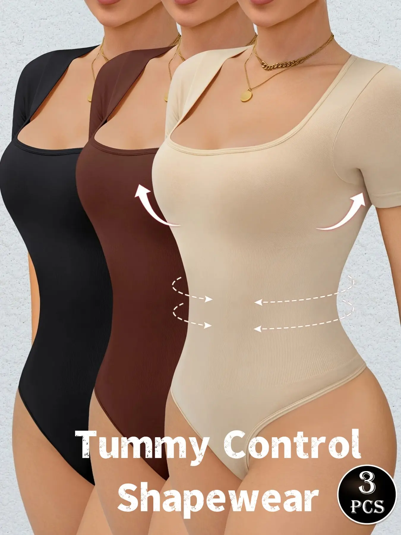 Women's Plain Minimalist Square Neck Thong Shapewear Bodysuit, Tummy Control & Butt Lifting, All-Seasons Wearable Women's Underwear & Shapewear