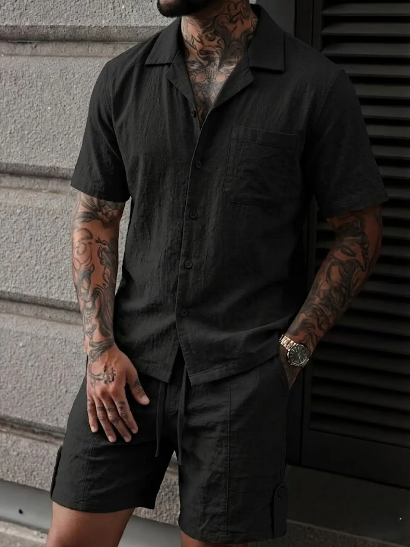 Men's Linen Two-Piece Set, Menswear Cuban Collar Short Sleeve Button Shirt with Drawstring Casual Shorts, Includes Side Pockets