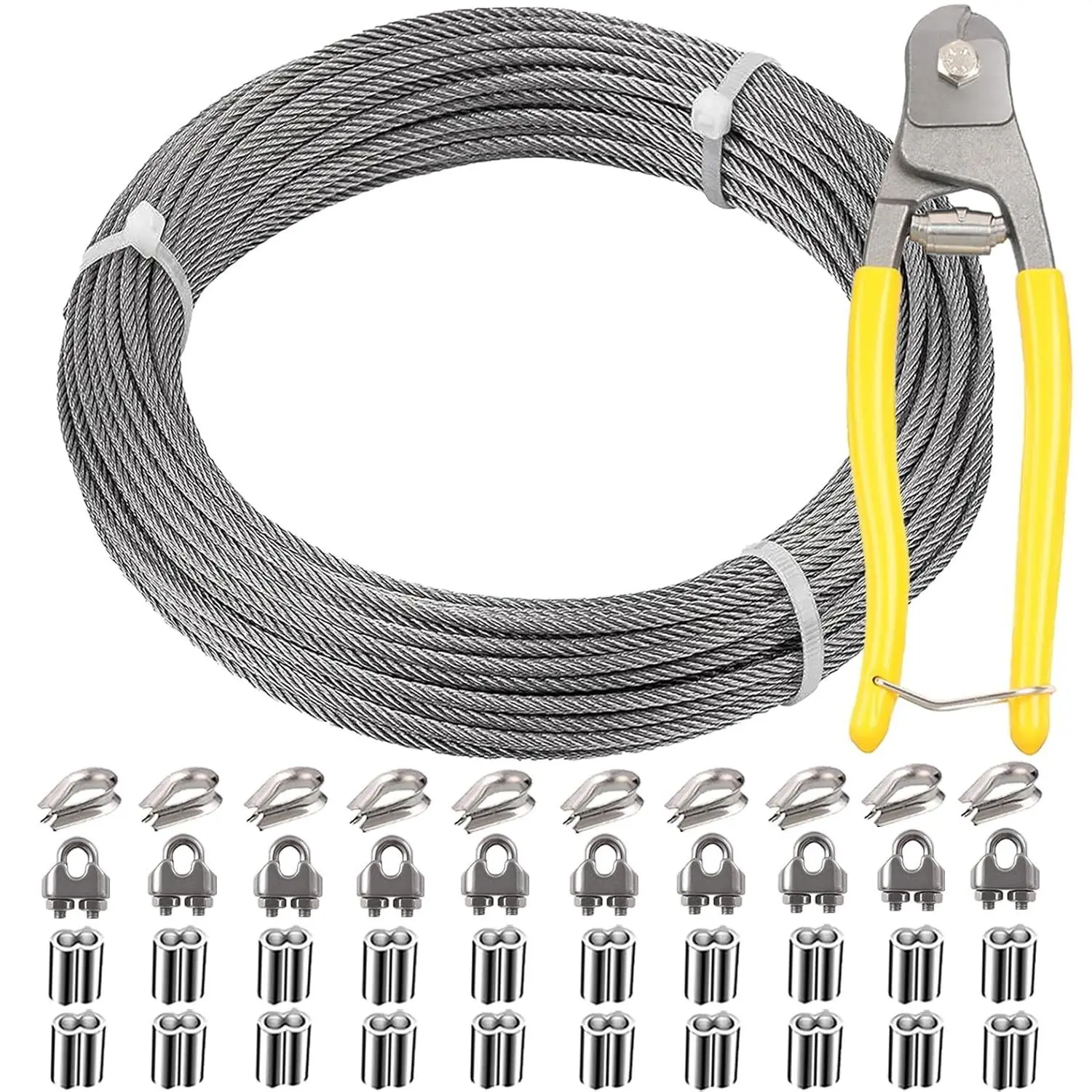 1/8 Inch Stainless Steel Wire Rope Kit - 7x7 Strands, 100ft Length (100ft Options), Multiple Pieces, Includes Cutters, Sleeves, Thimbles, Clips, Outdoor Use for Climbing Plants, Deck Railing