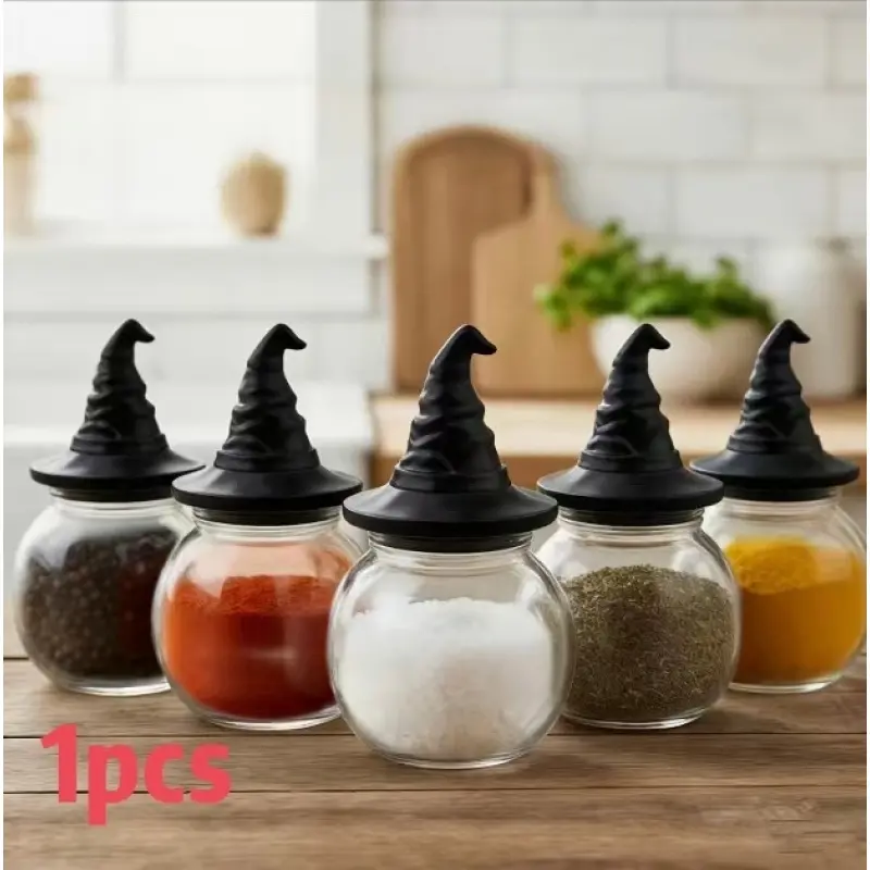 1 set of witch hat seasoning jar Halloween decorative storage jar is suitable for salt, sugar, vanilla kitchen witchcraft Gothic home decoration.