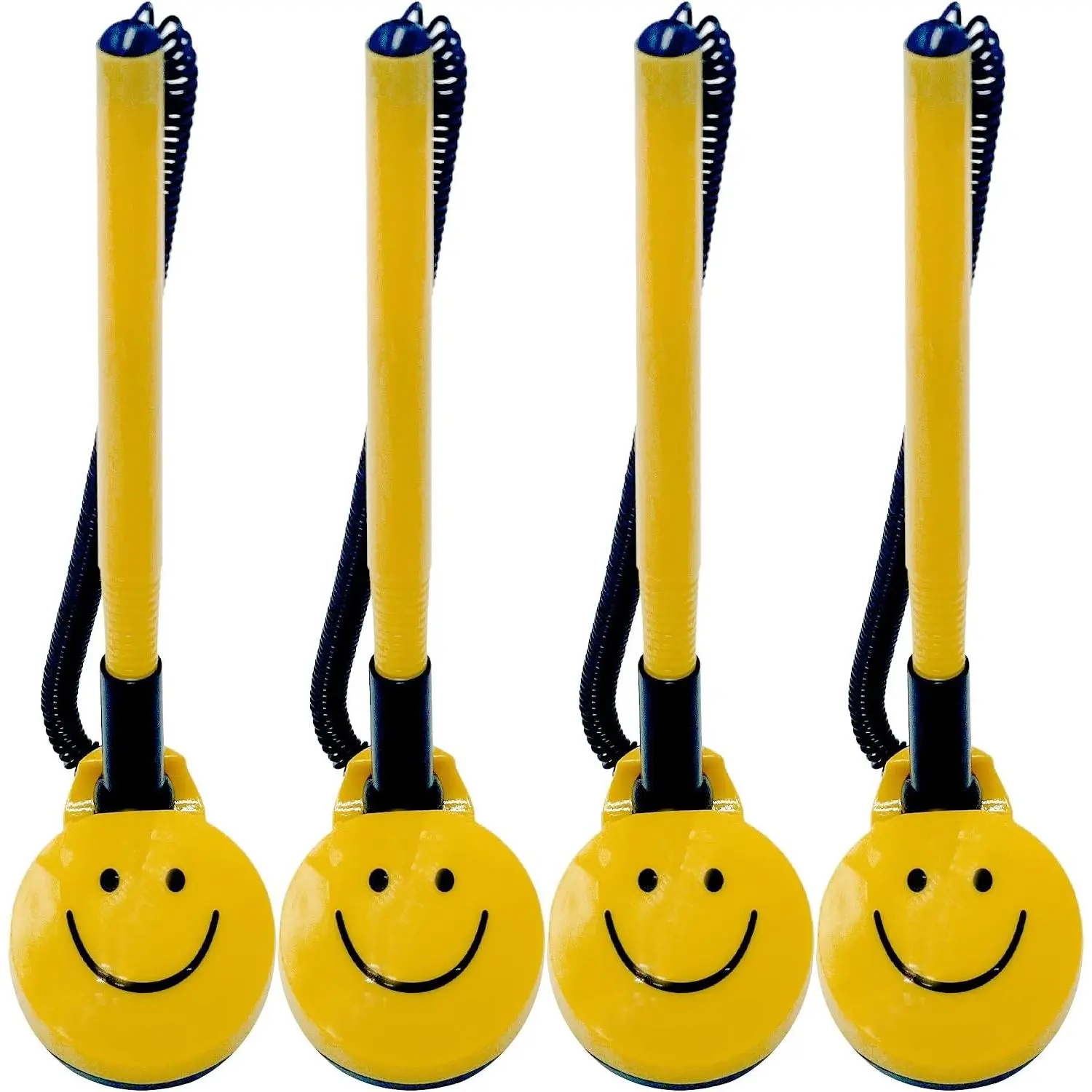 4 Pack Secure Counter Pens with Plastic Secure Cord Attached to Adhesive Back Base Pen Holder, Smiley Face Design for Home Workplace School Office