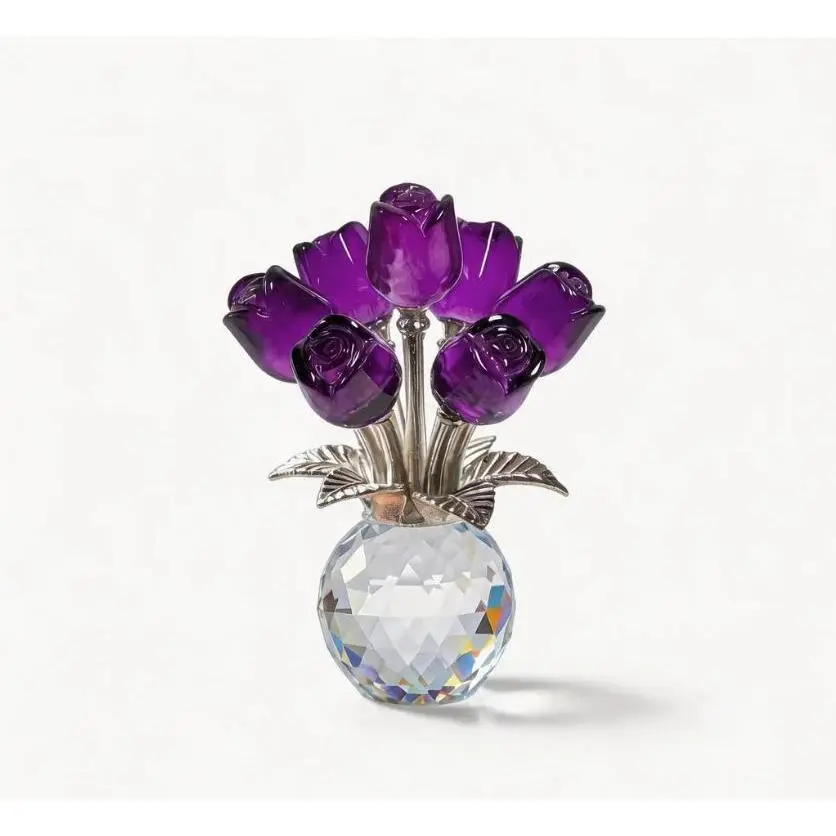 Handmade Amethyst Purple Crystal Rose Flower Bouquet with Compact Vase - 1-Piece Decorative Faux Flower Bouquet Centerpiece, Light Ornament, Elegant Home Table Decor, Ideal Gift for Valentine's Day-Anniversary-Birthday, with Protective Box