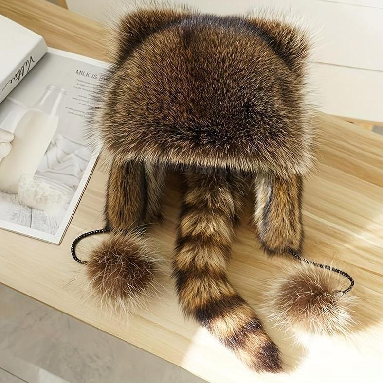 2025 New Raccoon Tail Y2K Hat - Detachable Fluffy Earmuffs - Hypoallergenic Machine-Washable Winter Beanie