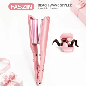 Faszin 32mm Power Wave Hair Crimper & Curling Wand for Beach Waves, Ionic Hair Waver with Dual Voltage & Lightweight Travel Design, Helps Reduce Frizz, Pink