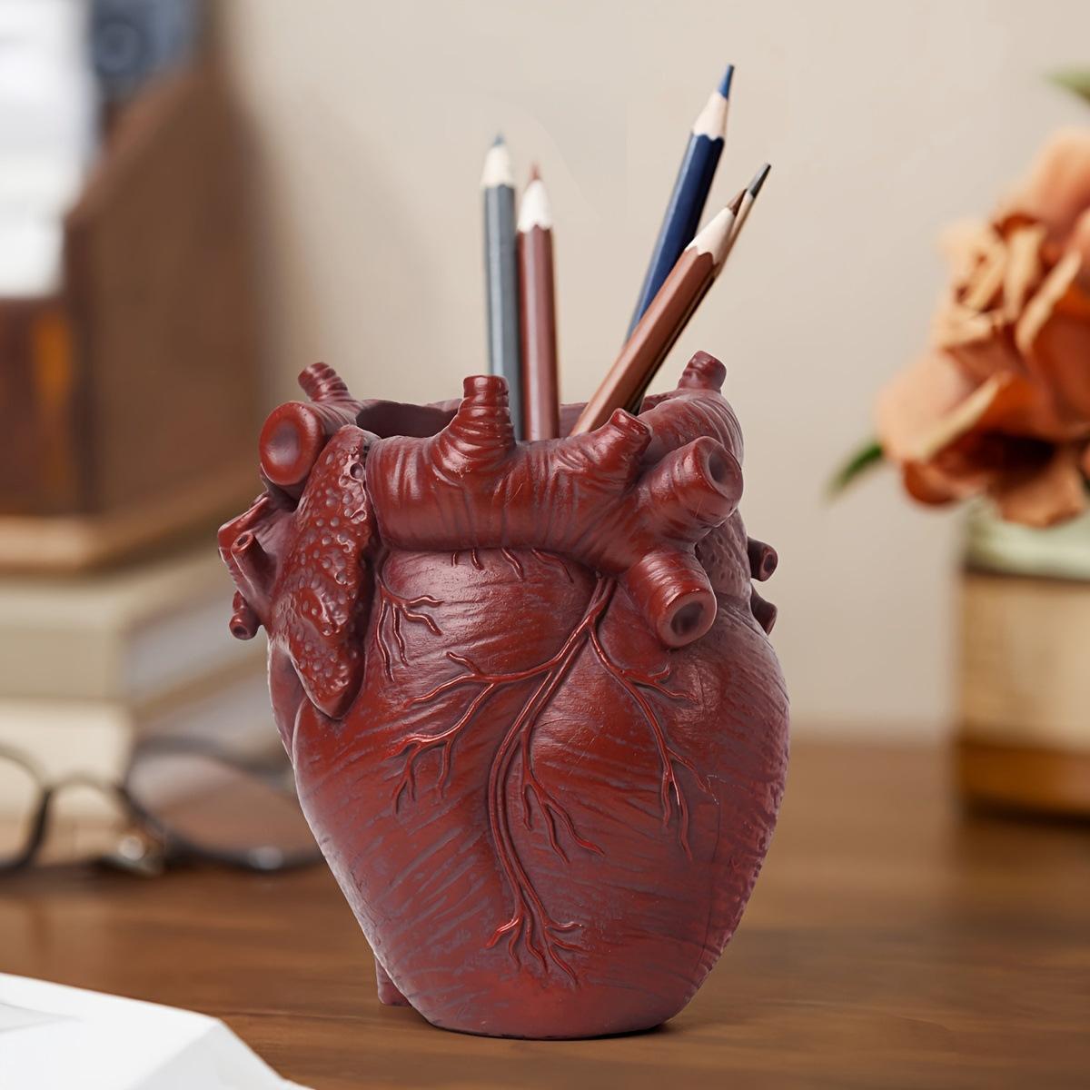 Gothic Anatomical Heart Resin Pen Holder Spooky Desk Organizer Unique Creepy Decor For Horror Fans Office Stationery Storage Halloween Home Decor Gift For Goth Dark Aesthetic Lovers