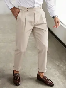 Men's High-Waisted Pleated Suit Pants, Tailored Fit, Side Button Adjustable Conical Trousers, Comfortable Wrinkle-Resistant, Business Casual Formal Wear Long Pants, Menswear